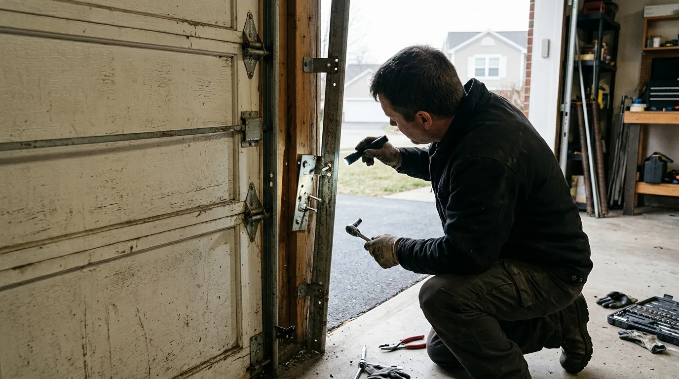 Older Issaquah Washington garage door being inspected for repair or replacement
