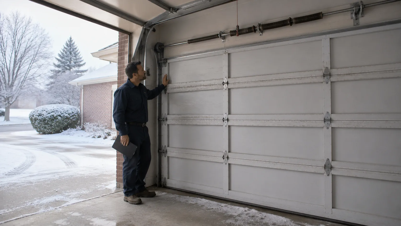 Garage door detail illustrating when a spring goes in cold weather around issaquah