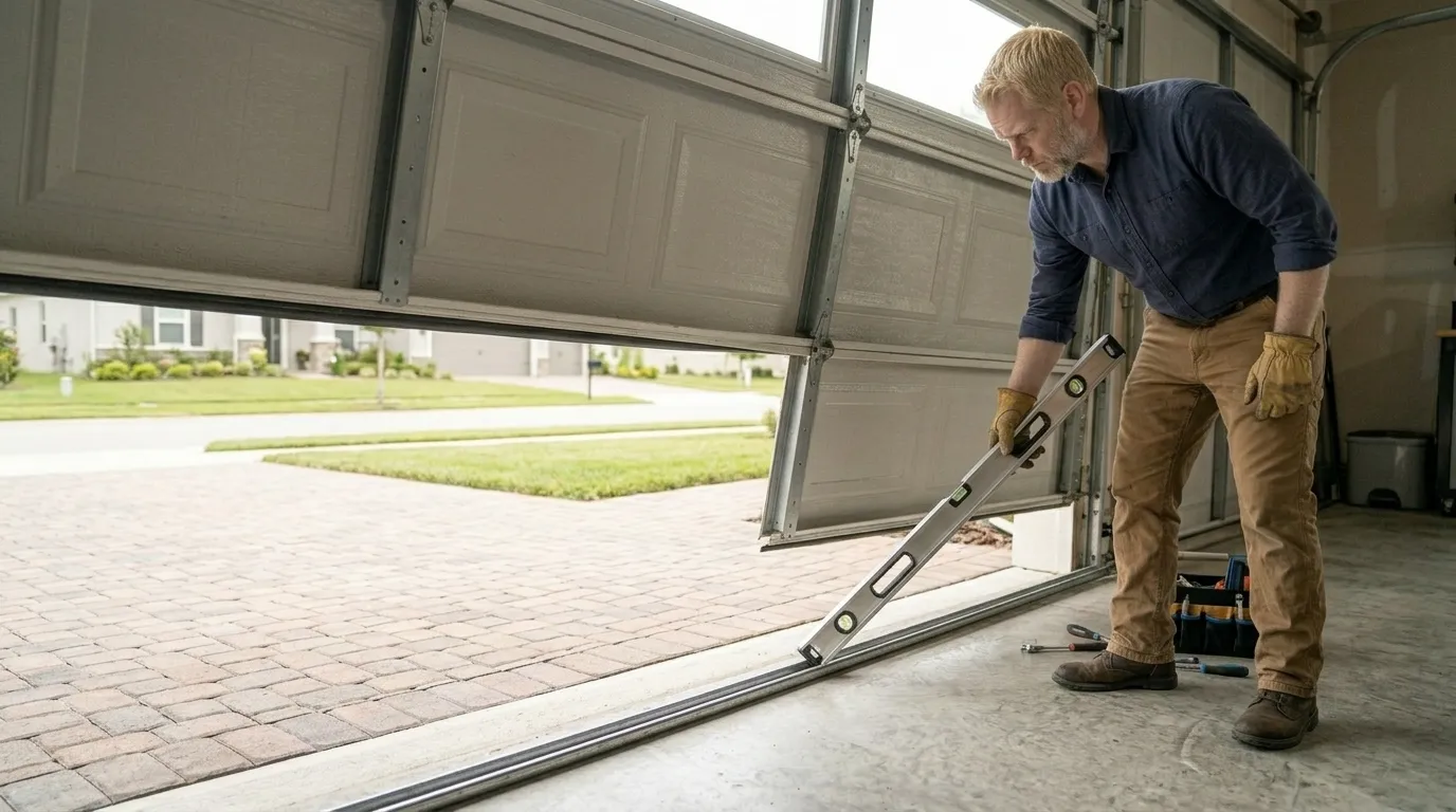 Garage door technician repairing a residential garage door in Issaquah Washington