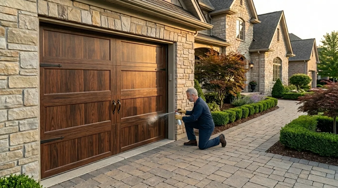 Garage door technician inspecting springs rollers tracks and opener in Issaquah Washington